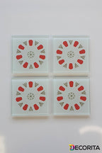 Cam Bardak Altlığı | Acem Kahveci - Yuvarlak Desen - Kırmızı | 4'lü Takım | 10cm X 10cm