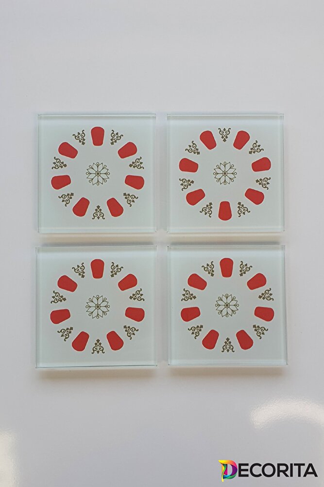 Cam Bardak Altlığı | Acem Kahveci - Yuvarlak Desen - Kırmızı | 4'lü Takım | 10cm X 10cm