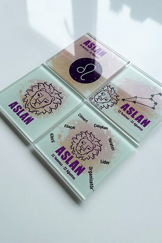 Cam Bardak Altlığı | Burçlar - Aslan Burcu | 4'lü Takım | 10cm X 10cm
