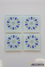 Cam Bardak Altlığı | Acem Kahveci - Yuvarlak Desen - Mavi | 4'lü Takım | 10cm X 10cm
