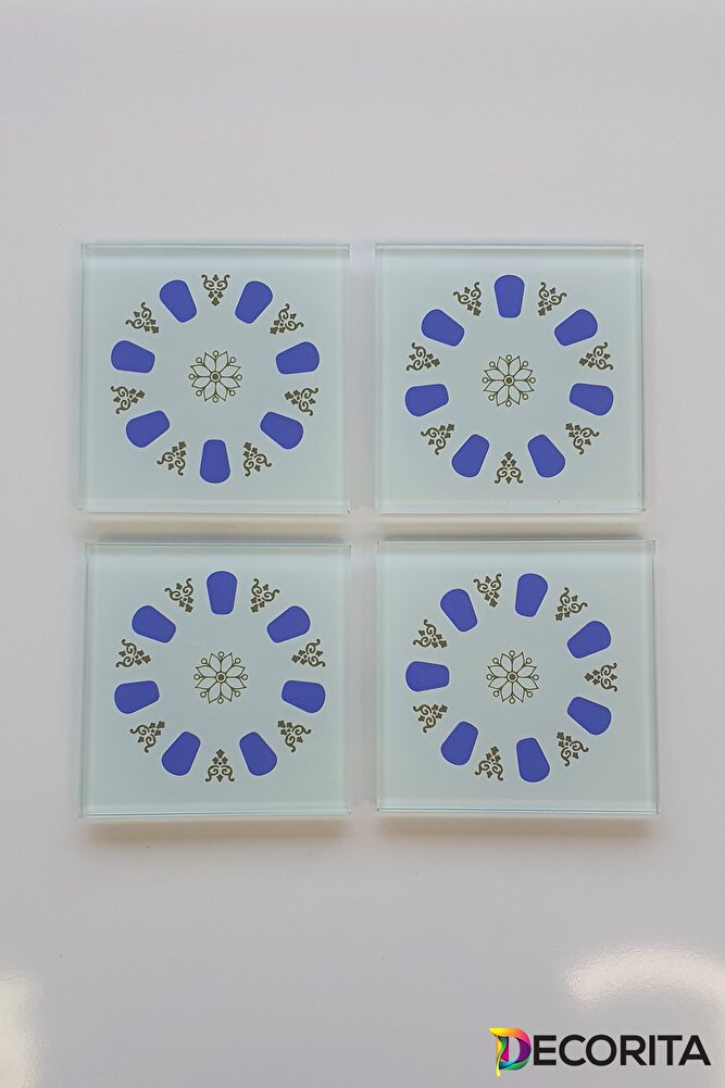 Cam Bardak Altlığı | Acem Kahveci - Yuvarlak Desen - Mavi | 4'lü Takım | 10cm X 10cm