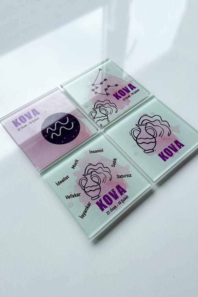 Cam Bardak Altlığı | Burçlar - Kova Burcu | 4'lü Takım | 10cm X 10cm