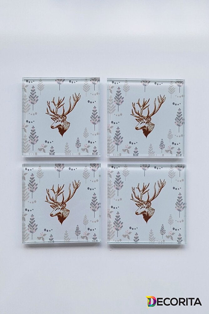 Cam Bardak Altlığı | 4'lü Takım Cervus Deer | 10cm X 10cm