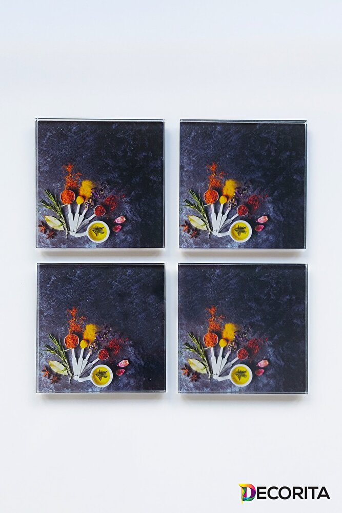 Cam Bardak Altlığı | 4'lü Takım Baharat Çeşnisi | 10cm X 10cm