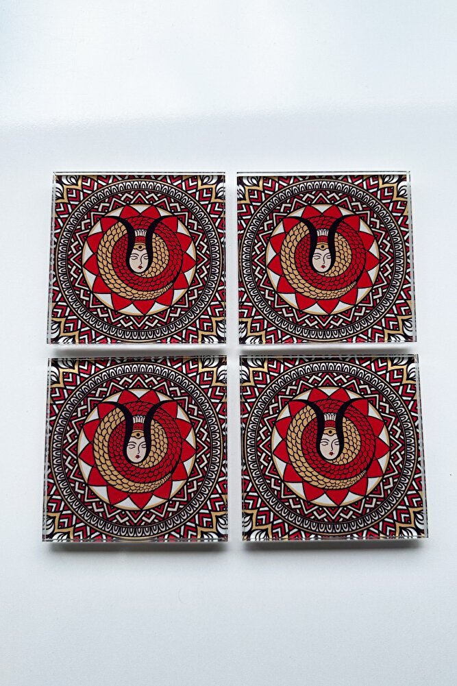 Cam Bardak Altlığı | Modern Şahmeran | 4'lü Takım | 10cm X 10cm