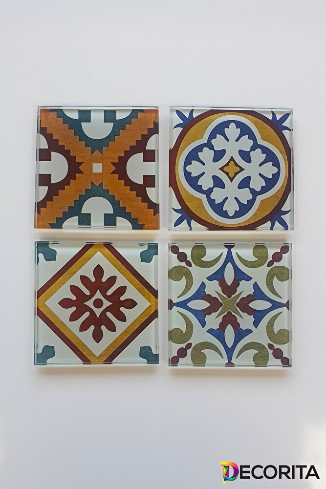Cam Bardak Altlığı | Çini Desen | 4'lü Takım | 10cm X 10cm