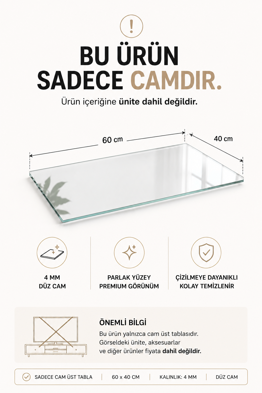 Üst Panel Camı | Beyaz Cam | Apex | 60cm x 40cm