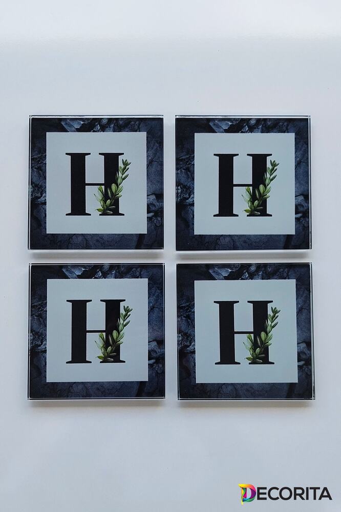 Cam Bardak Altlığı | Harfli Tasarım | 4'lü Takım | H | 10cm X 10cm