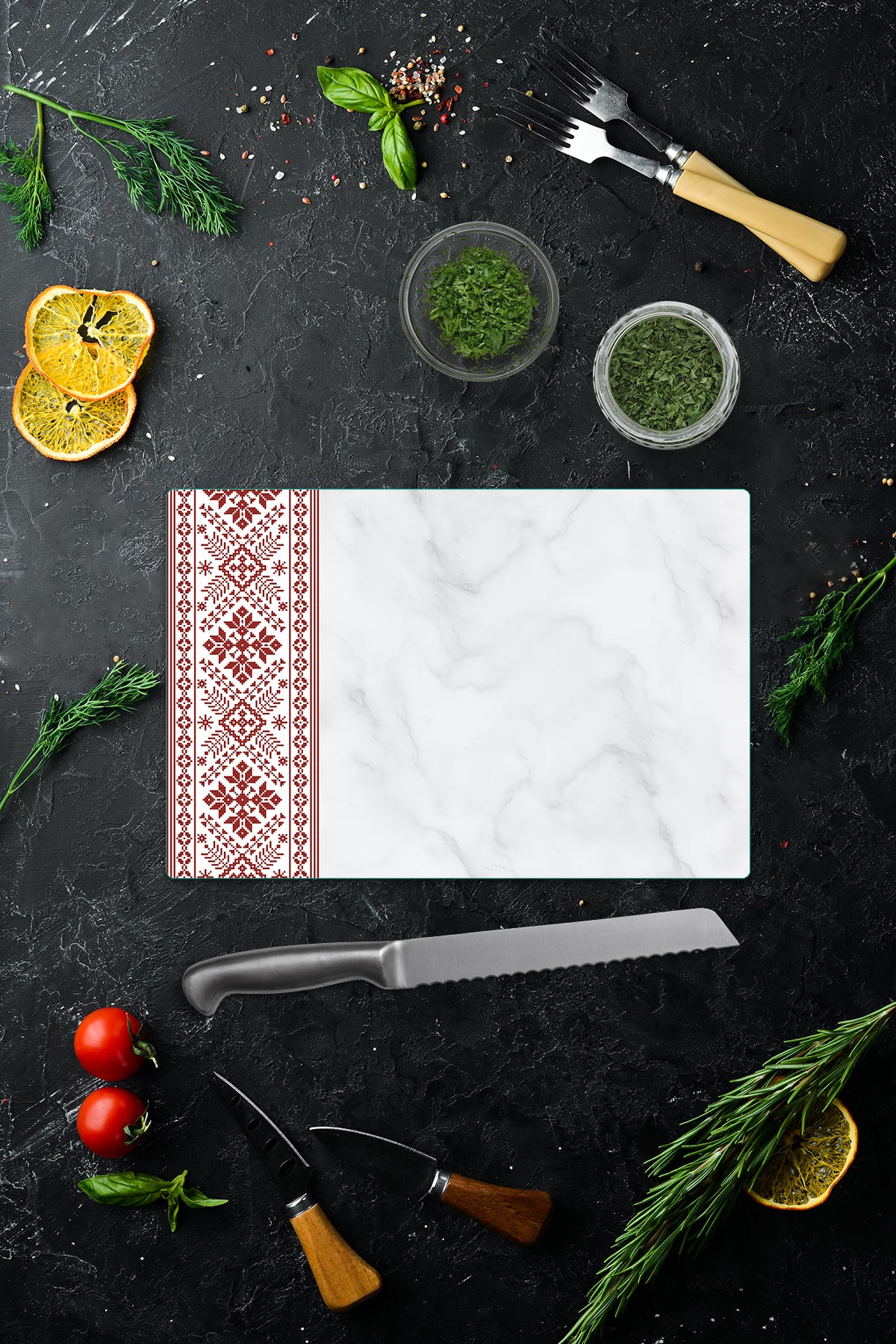 Cam Kesme Tahtası - Cam Kesme Tablası | Anadolu Nakışı - Kırmızı | 20cm x 30cm