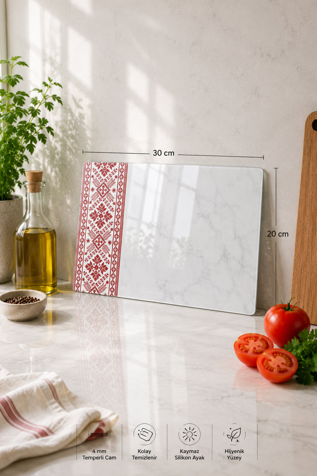 Cam Kesme Tahtası - Cam Kesme Tablası | Anadolu Nakışı - Kırmızı | 20cm x 30cm