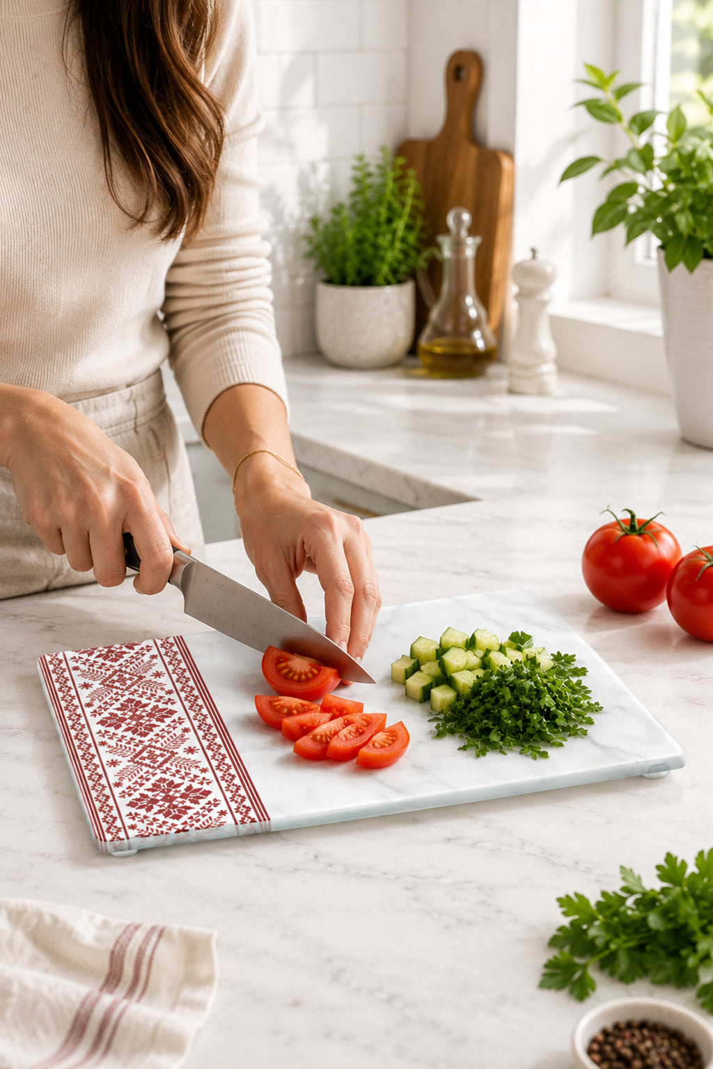 Cam Kesme Tahtası - Cam Kesme Tablası | Anadolu Nakışı - Kırmızı | 20cm x 30cm
