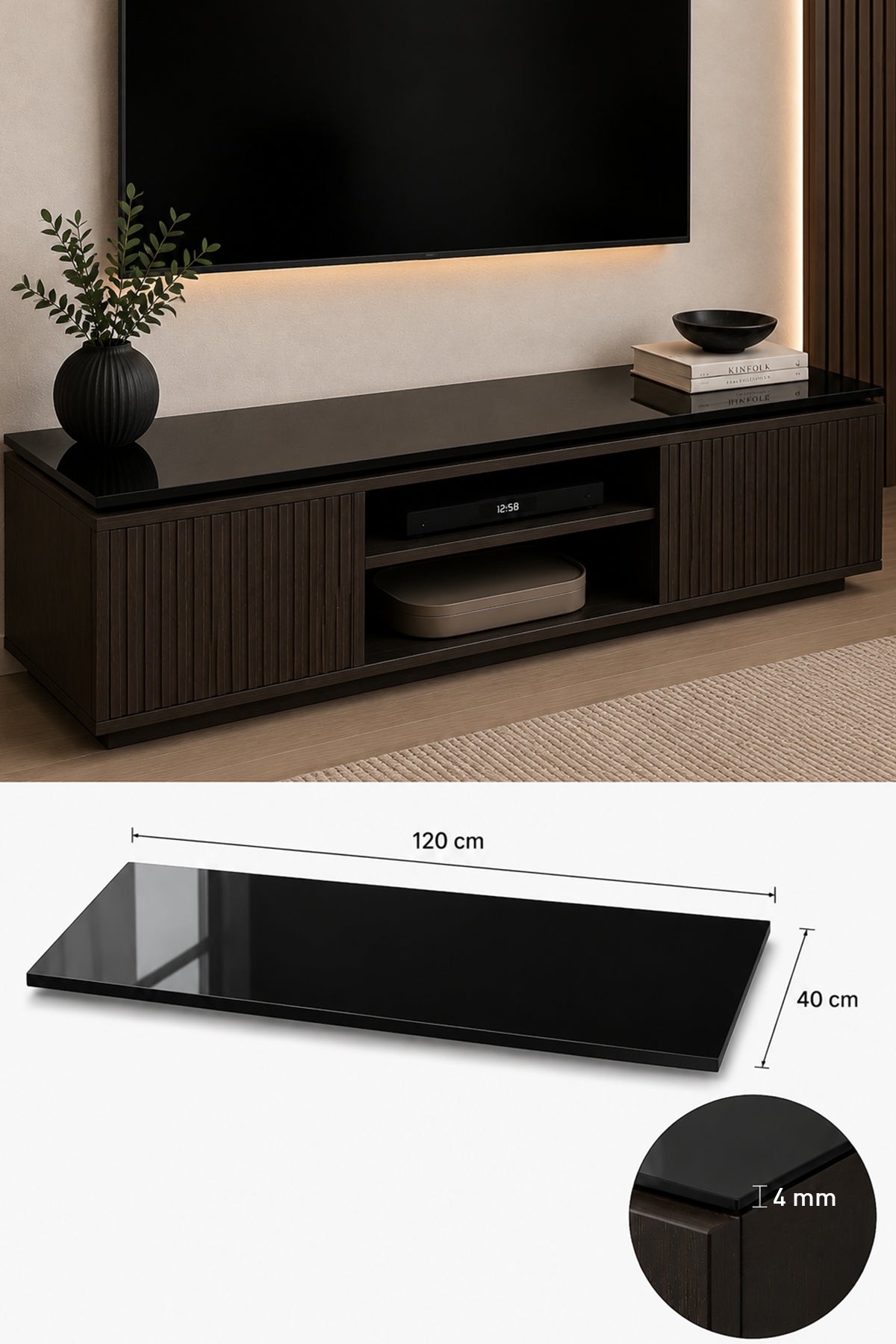 Üst Panel Camı | Siyah Cam | Apex | 120cm x 40cm