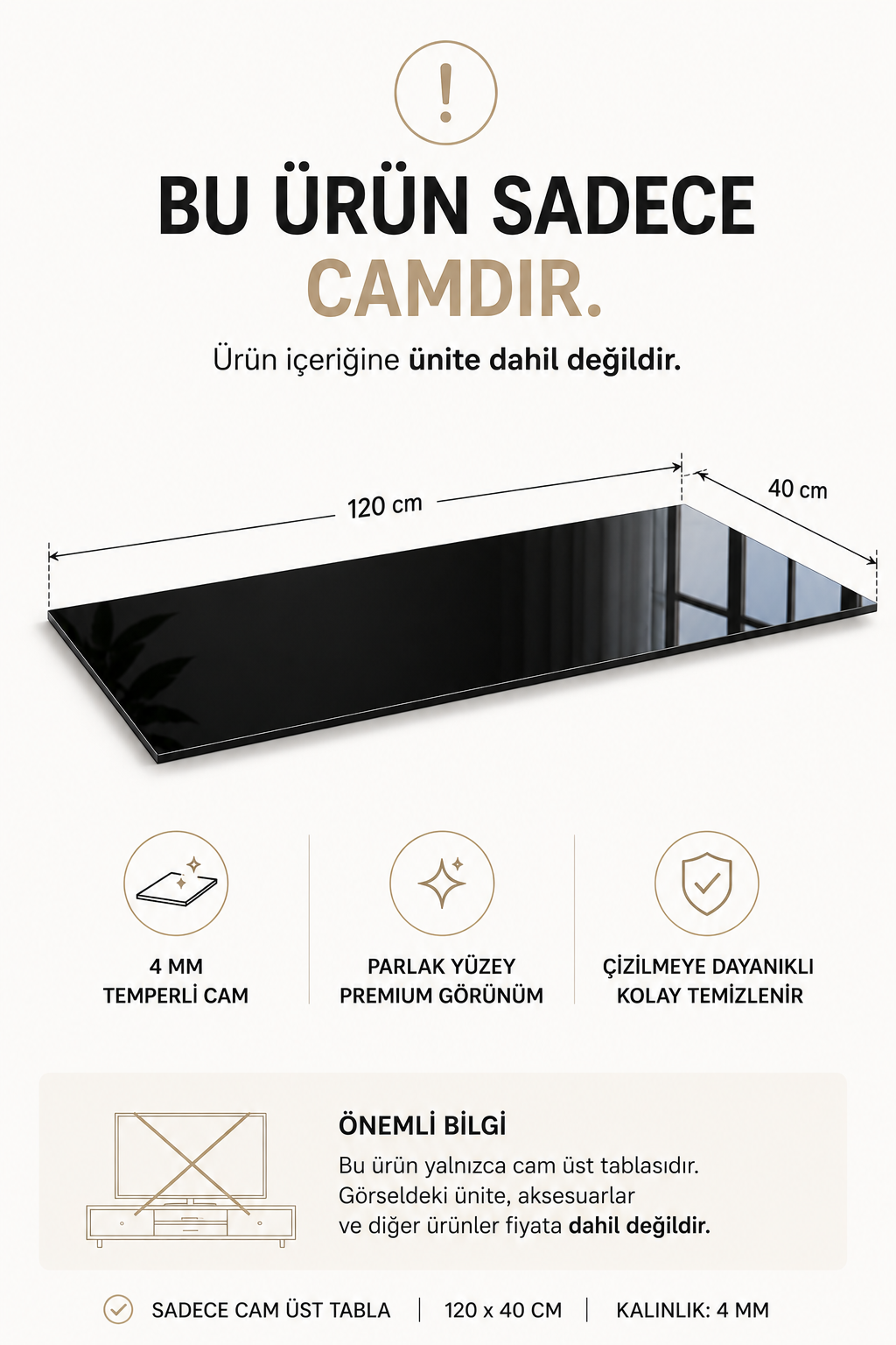 Üst Panel Camı | Siyah Cam | Apex | 120cm x 40cm