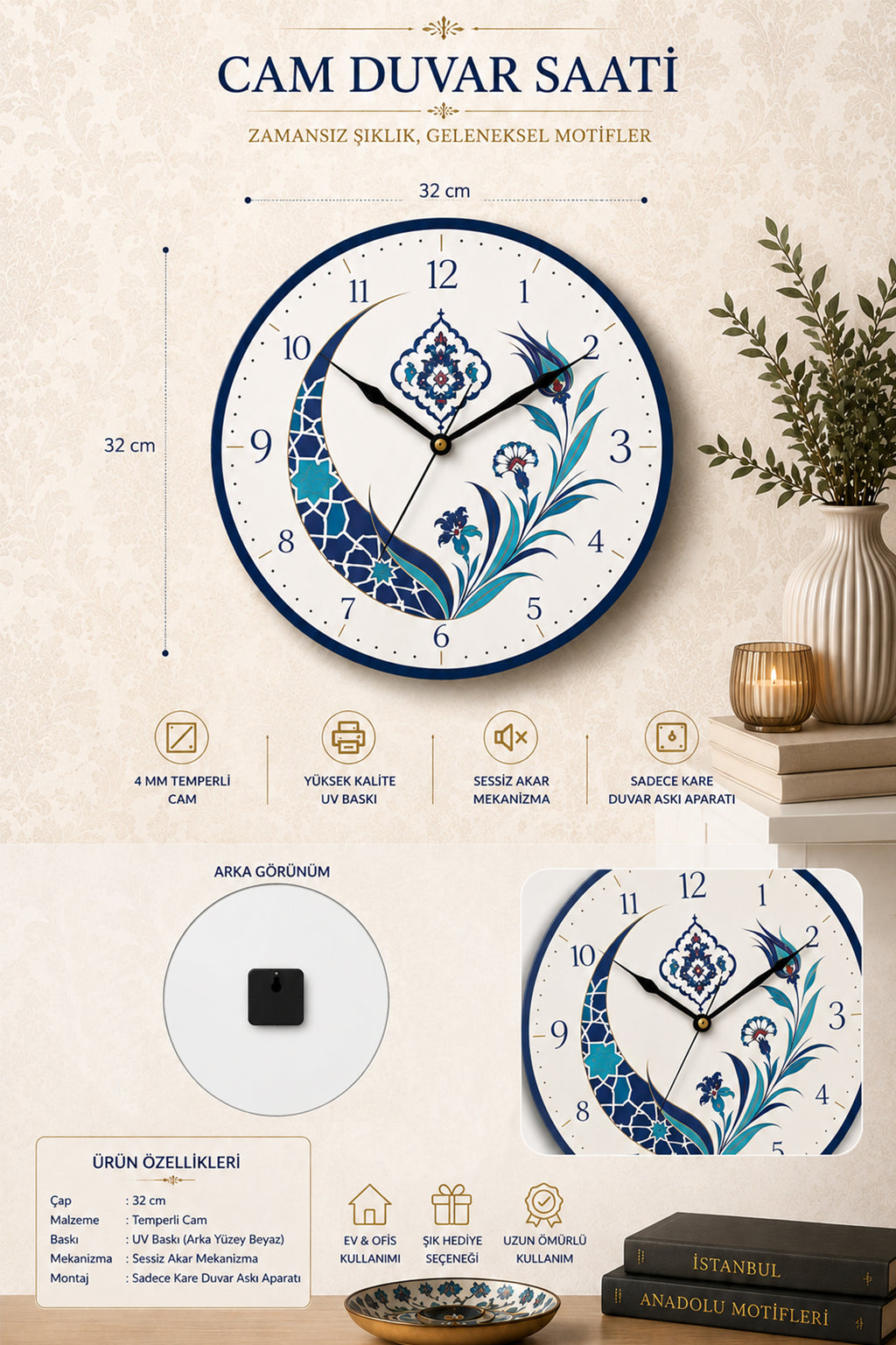 Cam Duvar Saati | İznik Flora | Çap 32