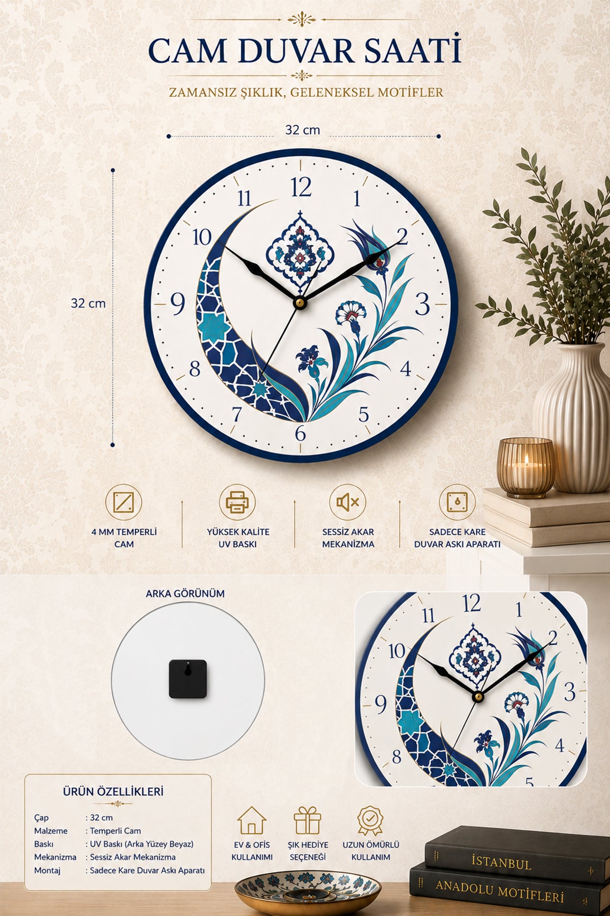 Cam Duvar Saati | İznik Flora | Çap 32