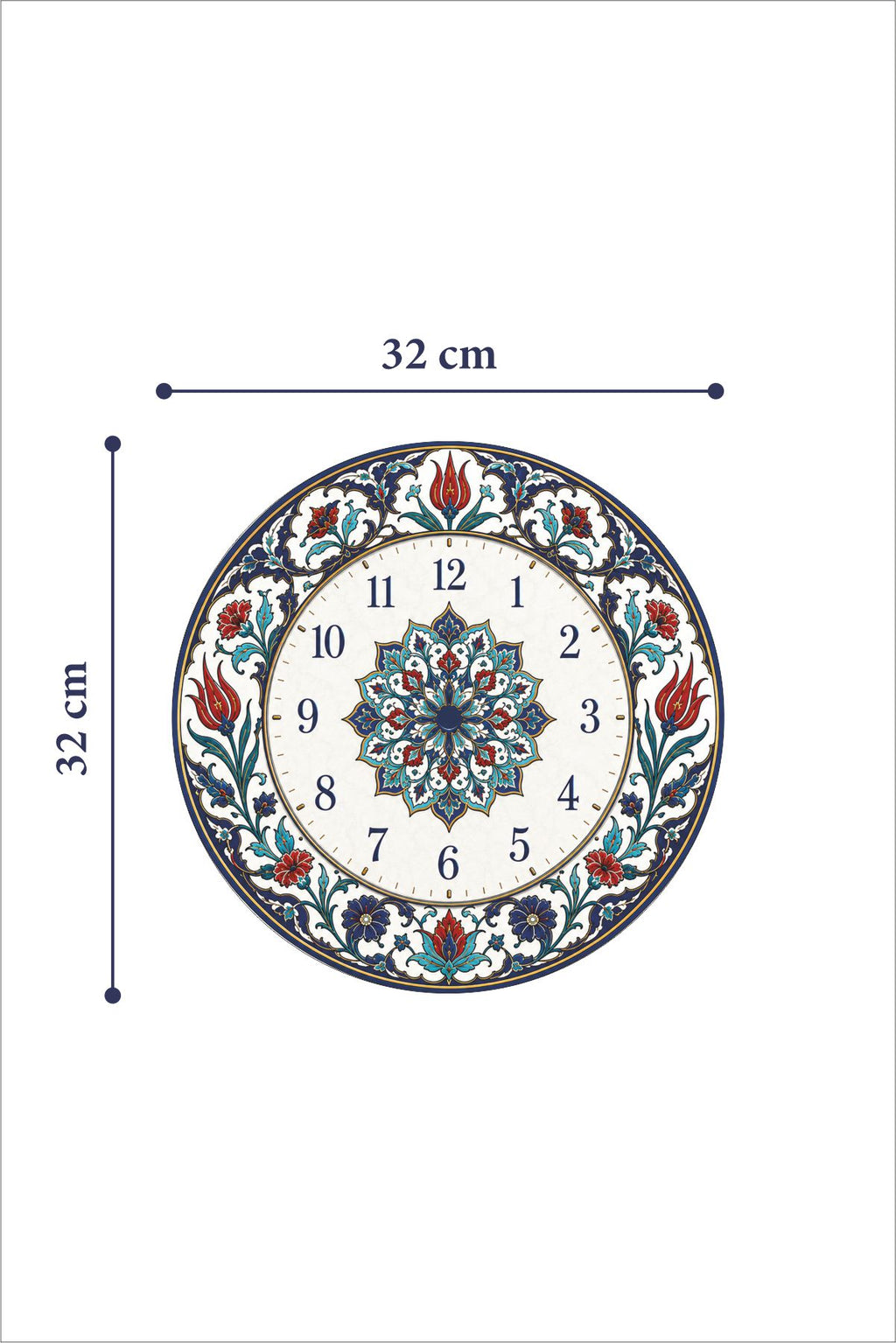 Cam Duvar Saati | İznik Zaman Çiçeği | Çap 32