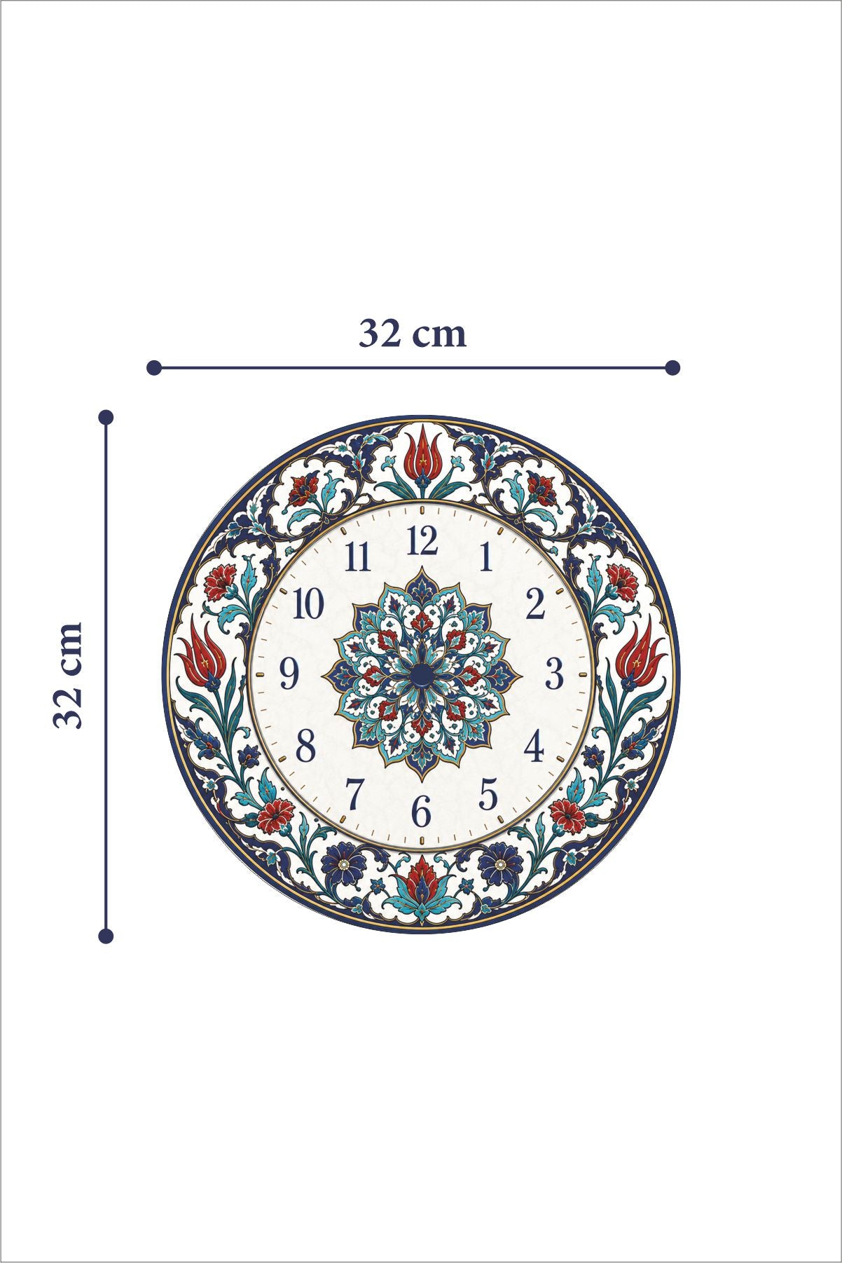 Cam Duvar Saati | İznik Zaman Çiçeği | Çap 32