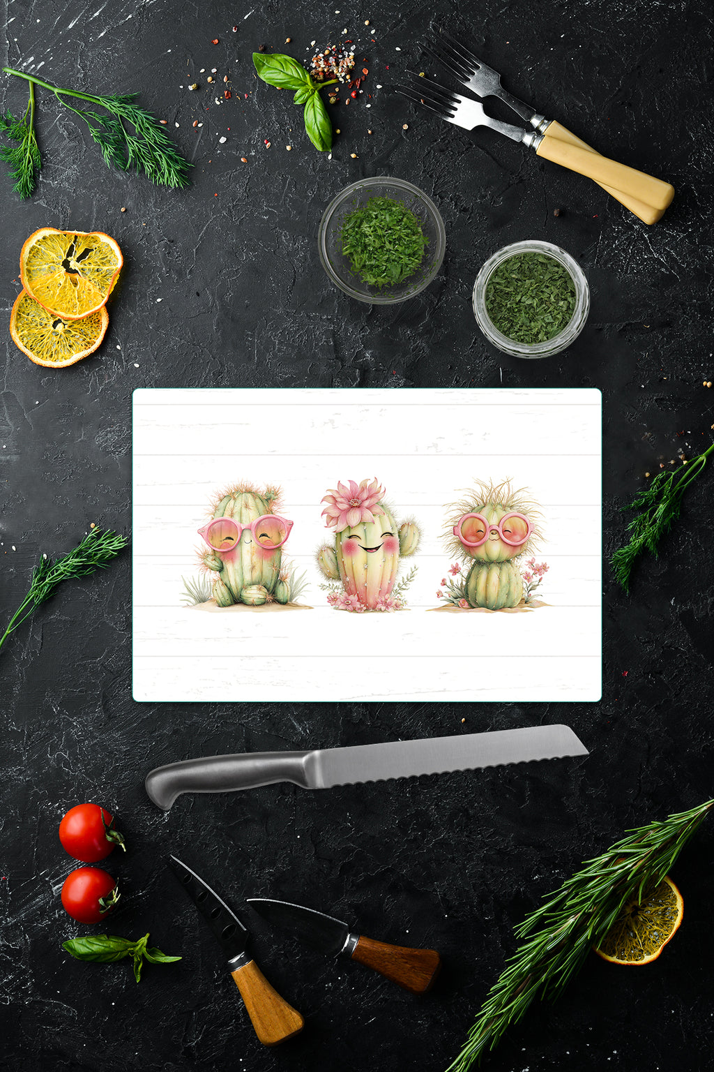 Cam Kesme Tahtası - Cam Kesme Tablası | Neşeli Kaktüsler | 20cm x 30cm