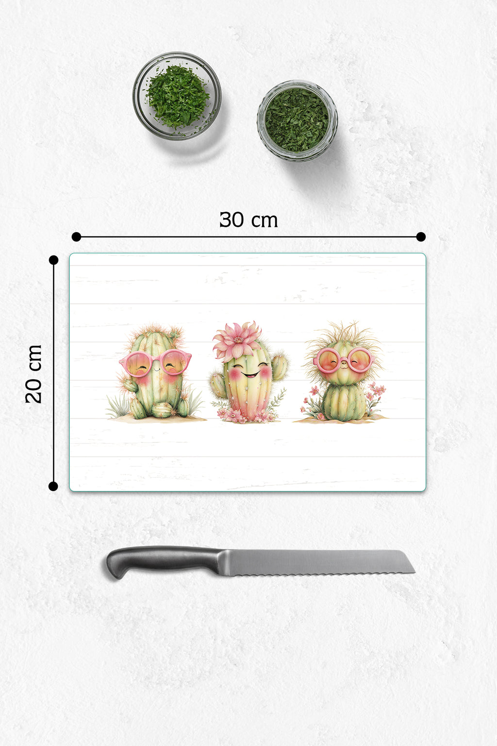 Cam Kesme Tahtası - Cam Kesme Tablası | Neşeli Kaktüsler | 20cm x 30cm