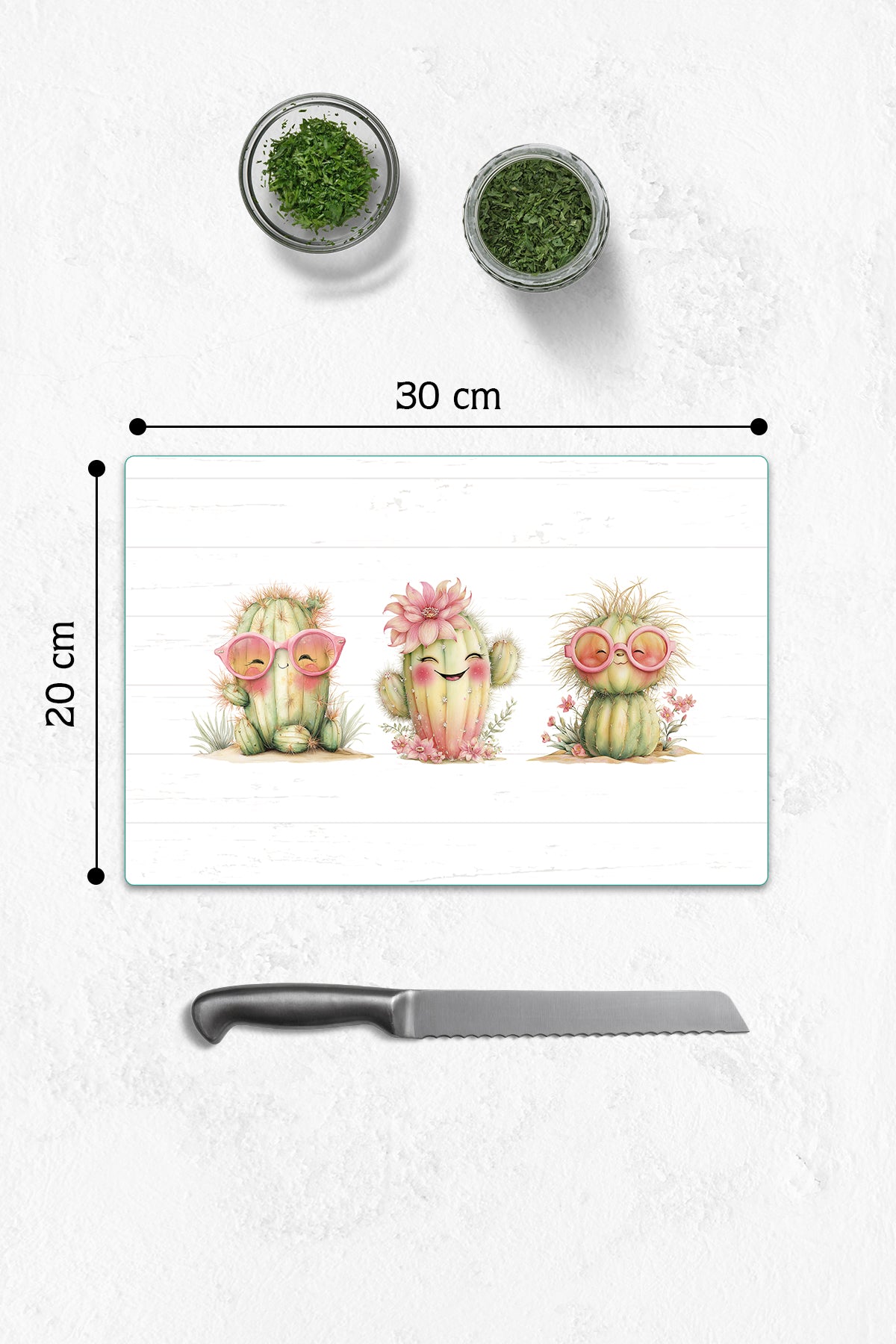 Cam Kesme Tahtası - Cam Kesme Tablası | Neşeli Kaktüsler | 20cm x 30cm