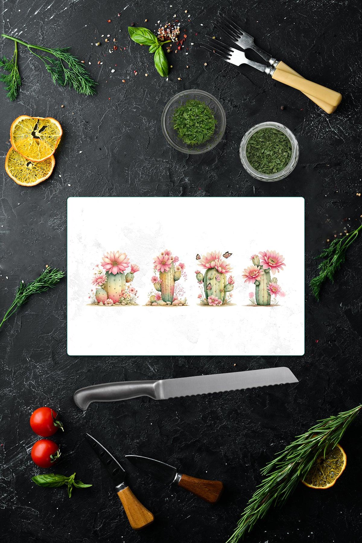 Cam Kesme Tahtası - Cam Kesme Tablası | Pembe Çiçekli Kaktüs | 20cm x 30cm