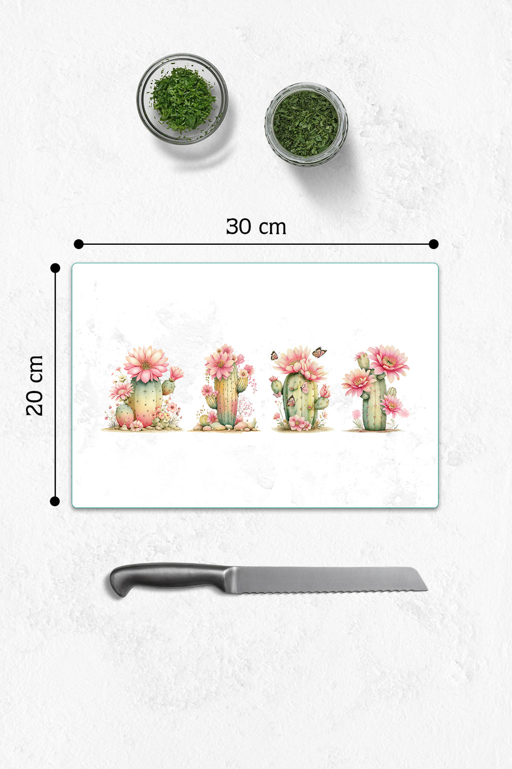 Cam Kesme Tahtası - Cam Kesme Tablası | Pembe Çiçekli Kaktüs | 20cm x 30cm