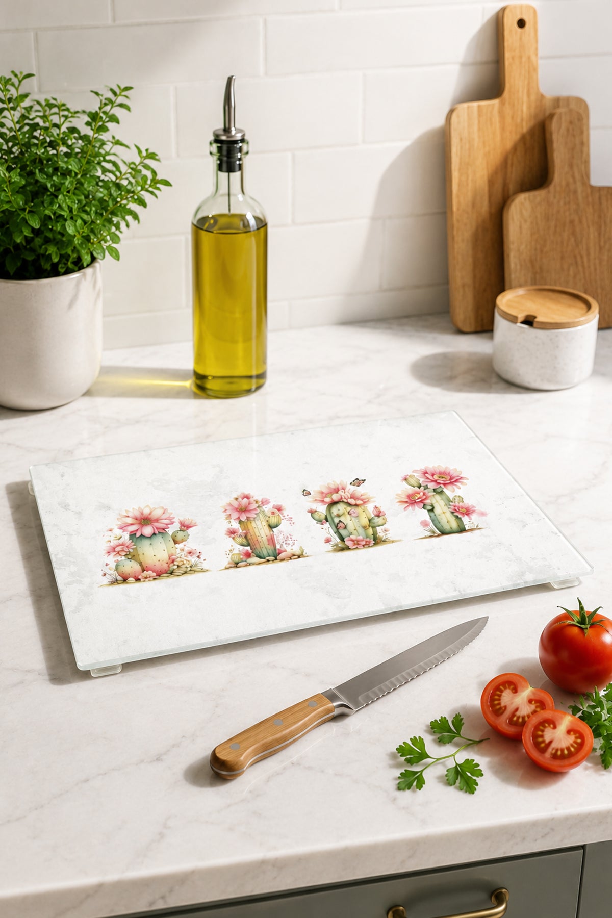 Cam Kesme Tahtası - Cam Kesme Tablası | Pembe Çiçekli Kaktüs | 20cm x 30cm