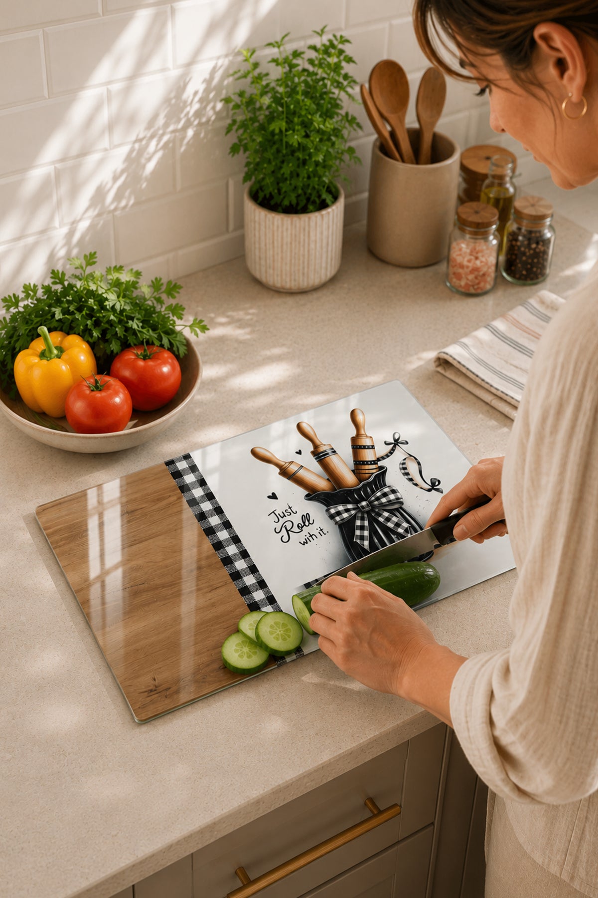 Cam Kesme Tahtası - Cam Kesme Tablası | Pötikare - Rustic Roll Temalı Ahşap Desenli | 20cm x 30cm
