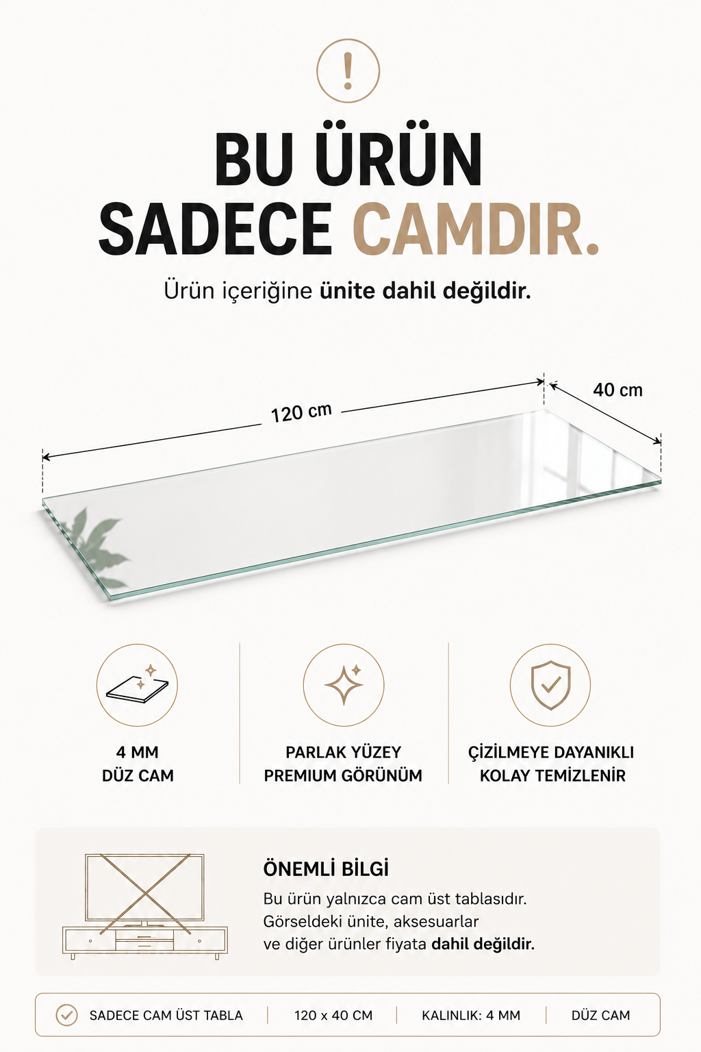 Üst Panel Camı | Saydam Cam | Apex | 120cm x 40cm