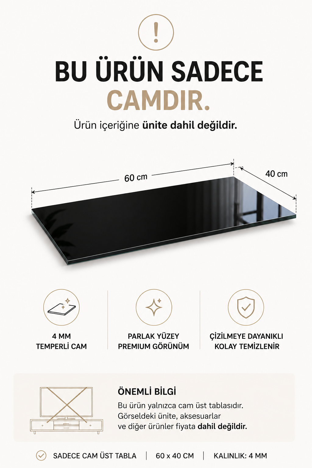 Üst Panel Camı | Siyah Cam | Apex | 60cm x 40cm