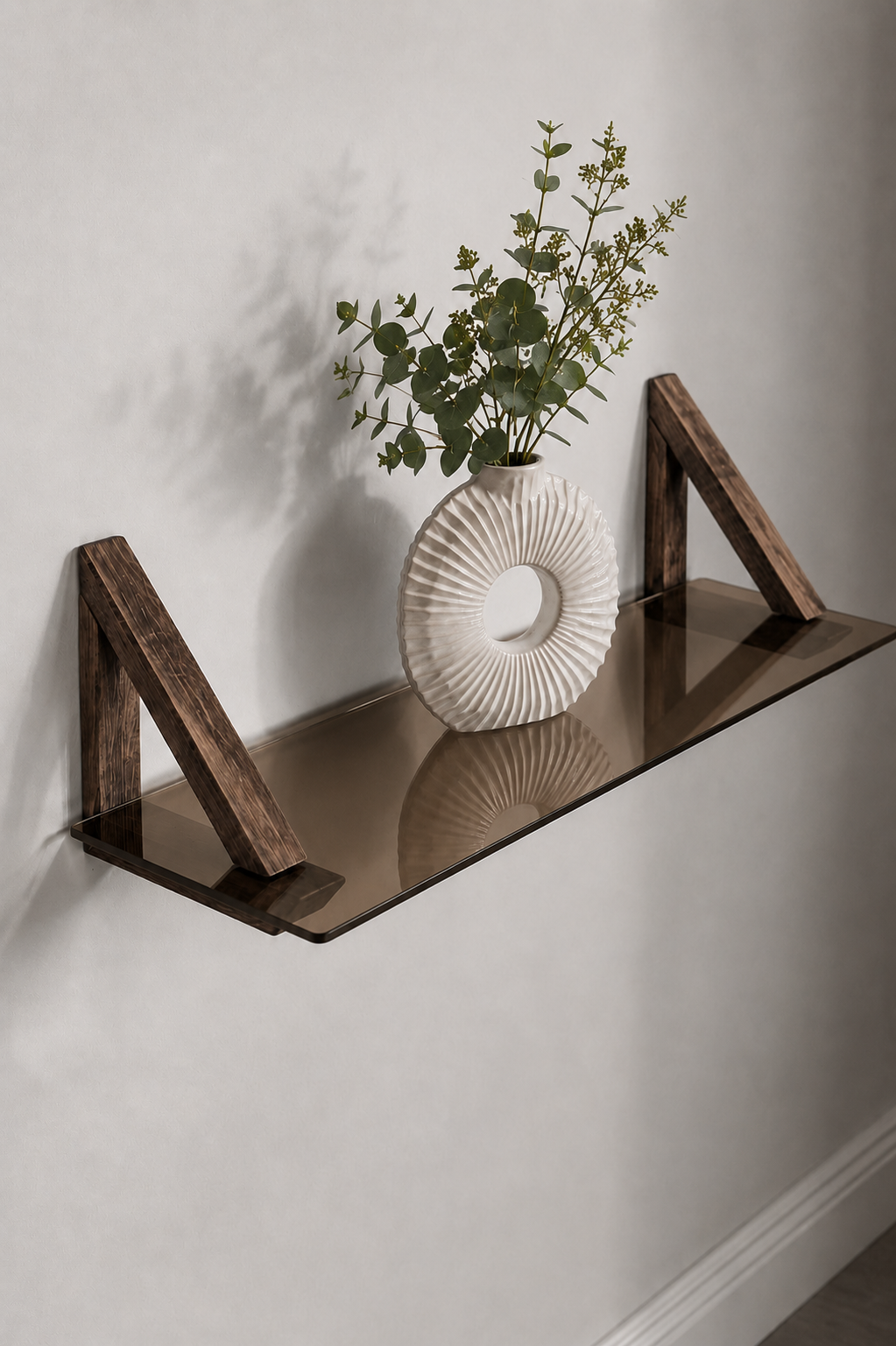 MDF Ahşap Askılı Dekoratif Cam Duvar Rafı | Bronz Cam | 60x20 cm