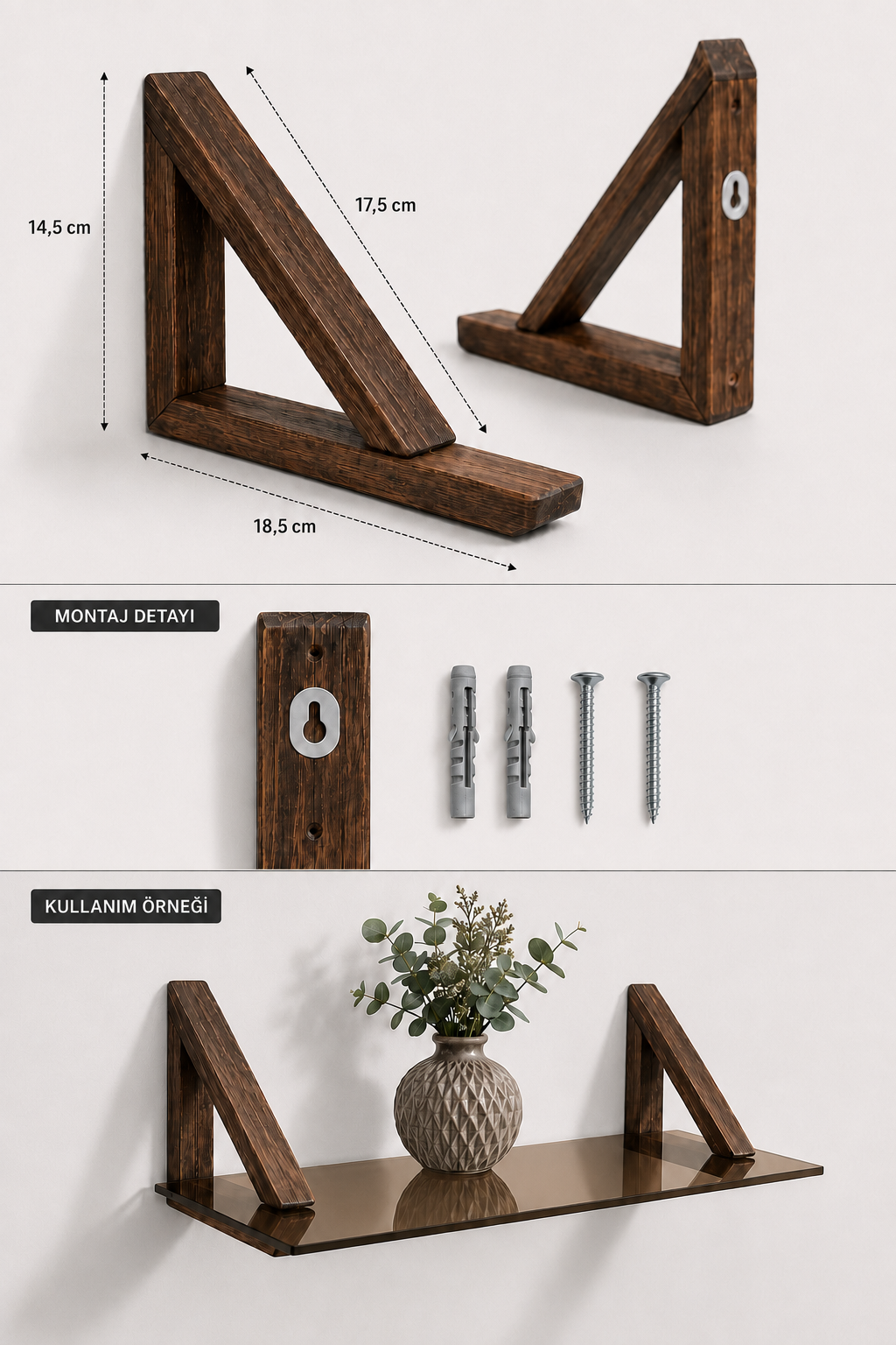 MDF Ahşap Askılı Dekoratif Cam Duvar Rafı | Bronz Cam | 60x20 cm