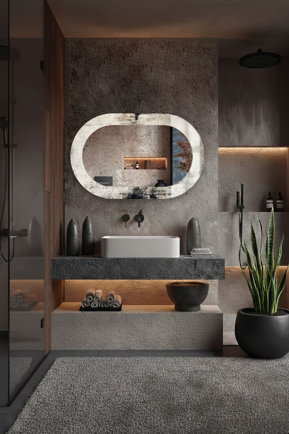 Dekor Camı ve Ayna | Eskitme Antrasit Gri Serisi Dekoratif Ayna | 110cm x 70cm