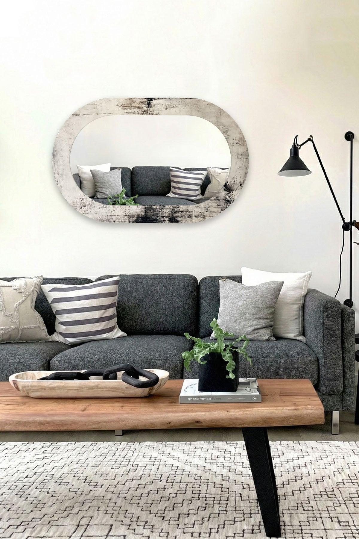 Dekor Camı ve Ayna | Eskitme Antrasit Gri Serisi Dekoratif Ayna | 110cm x 70cm