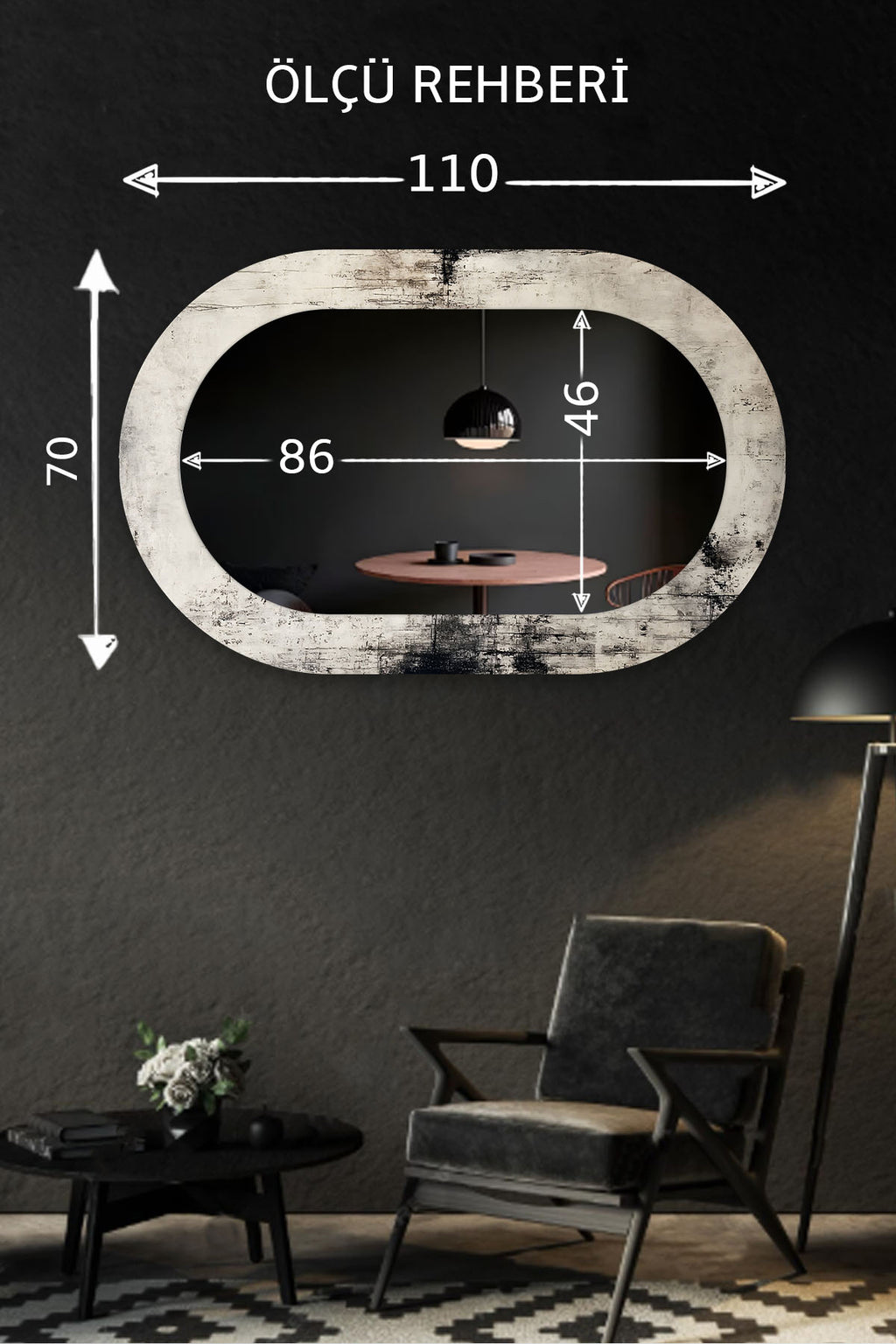 Dekor Camı ve Ayna | Eskitme Antrasit Gri Serisi Dekoratif Ayna | 110cm x 70cm
