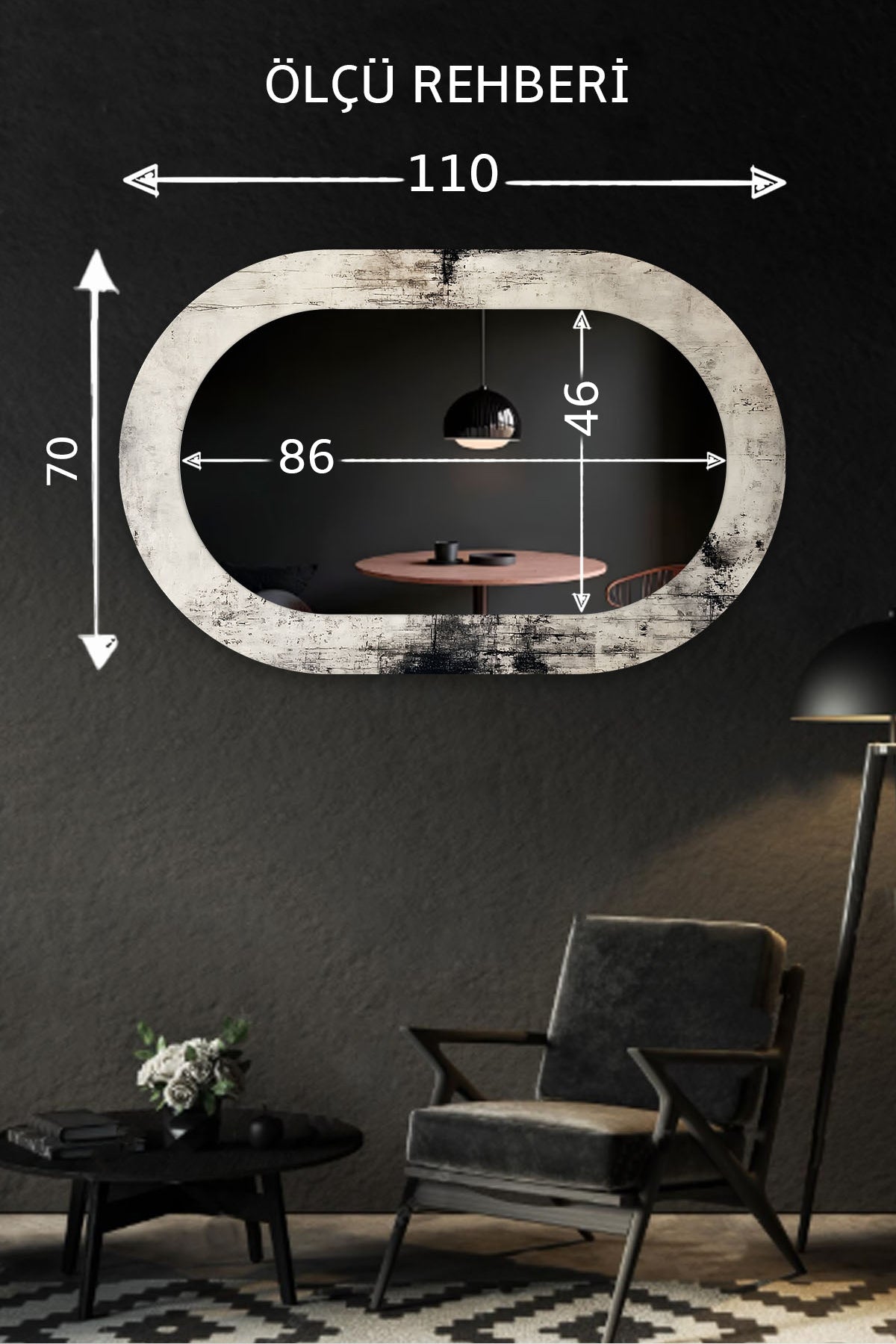 Dekor Camı ve Ayna | Eskitme Antrasit Gri Serisi Dekoratif Ayna | 110cm x 70cm