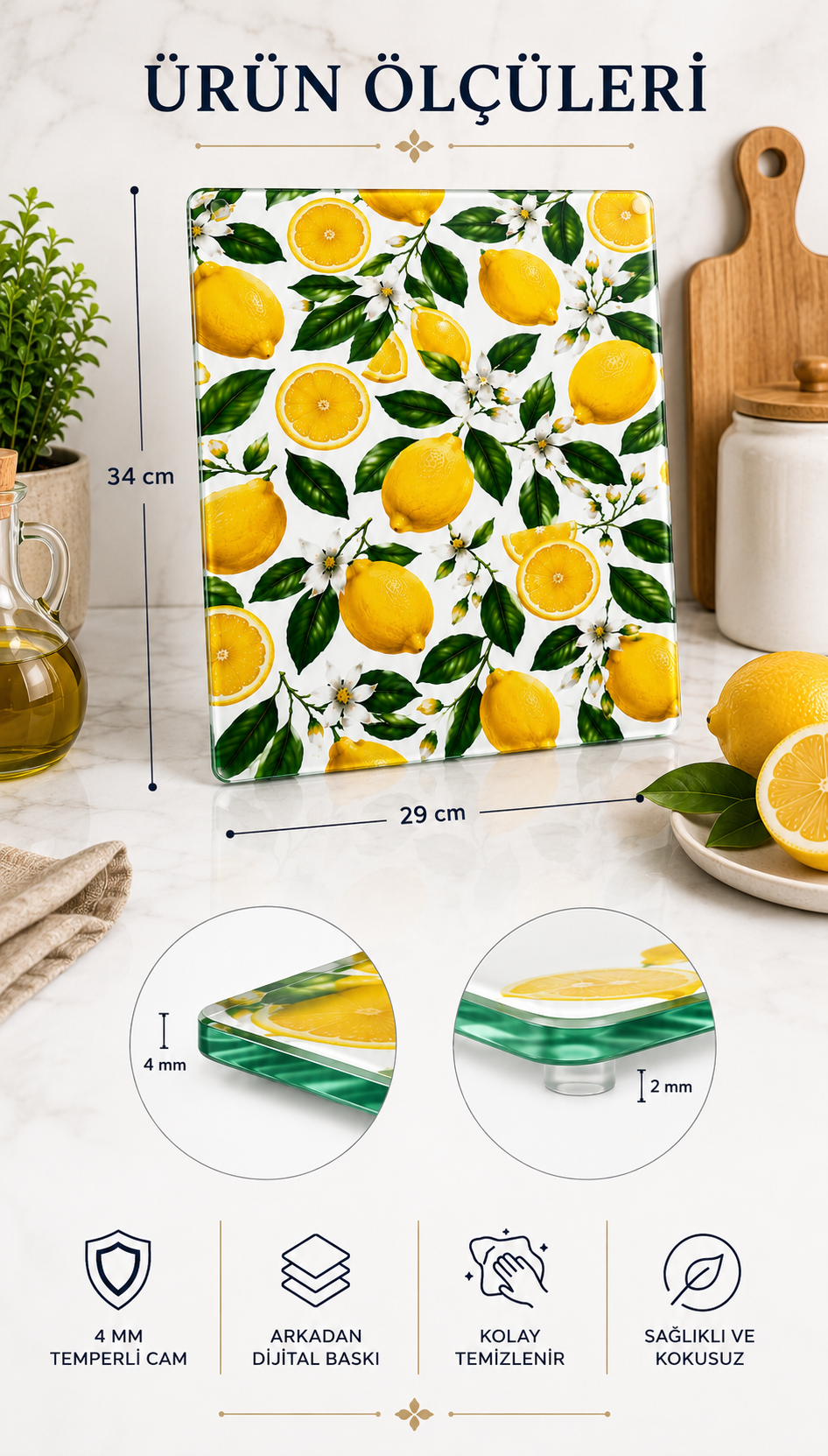 Cam Kesme Tahtası - Cam Kesme Tablası | Limon Çiçeği Desenli | 29cm x 34cm