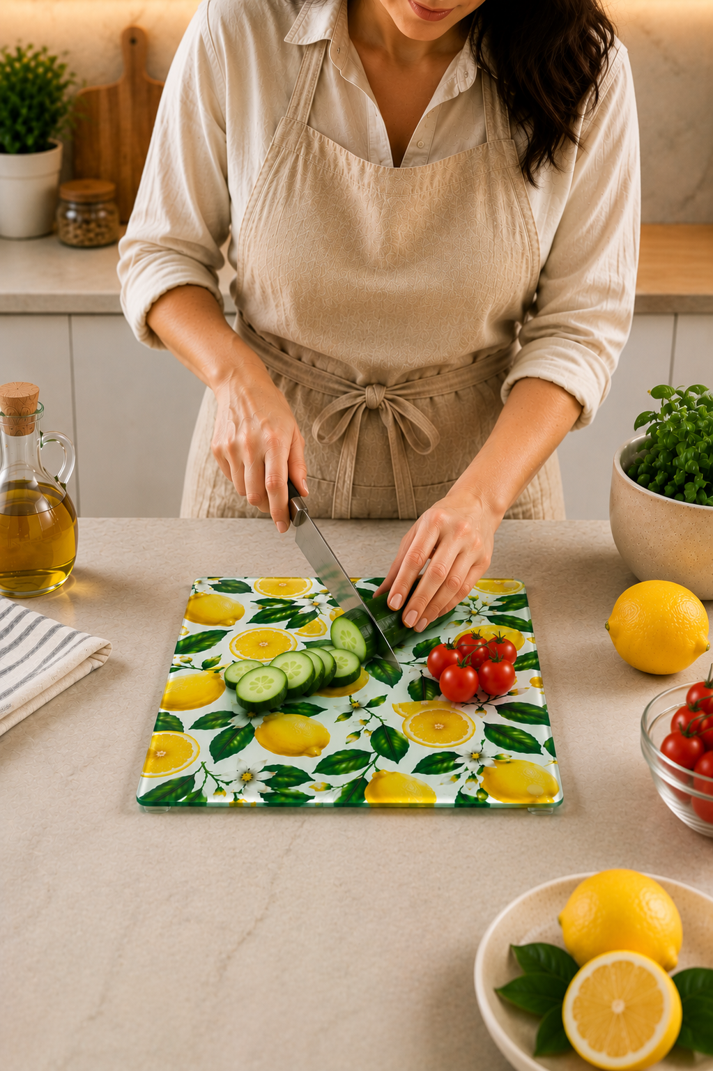Cam Kesme Tahtası - Cam Kesme Tablası | Limon Çiçeği Desenli | 29cm x 34cm