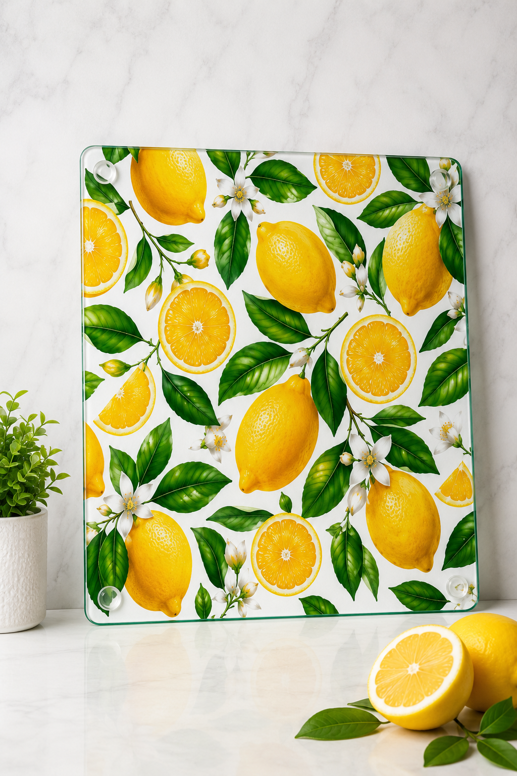 Cam Kesme Tahtası - Cam Kesme Tablası | Limon Çiçeği Desenli | 29cm x 34cm