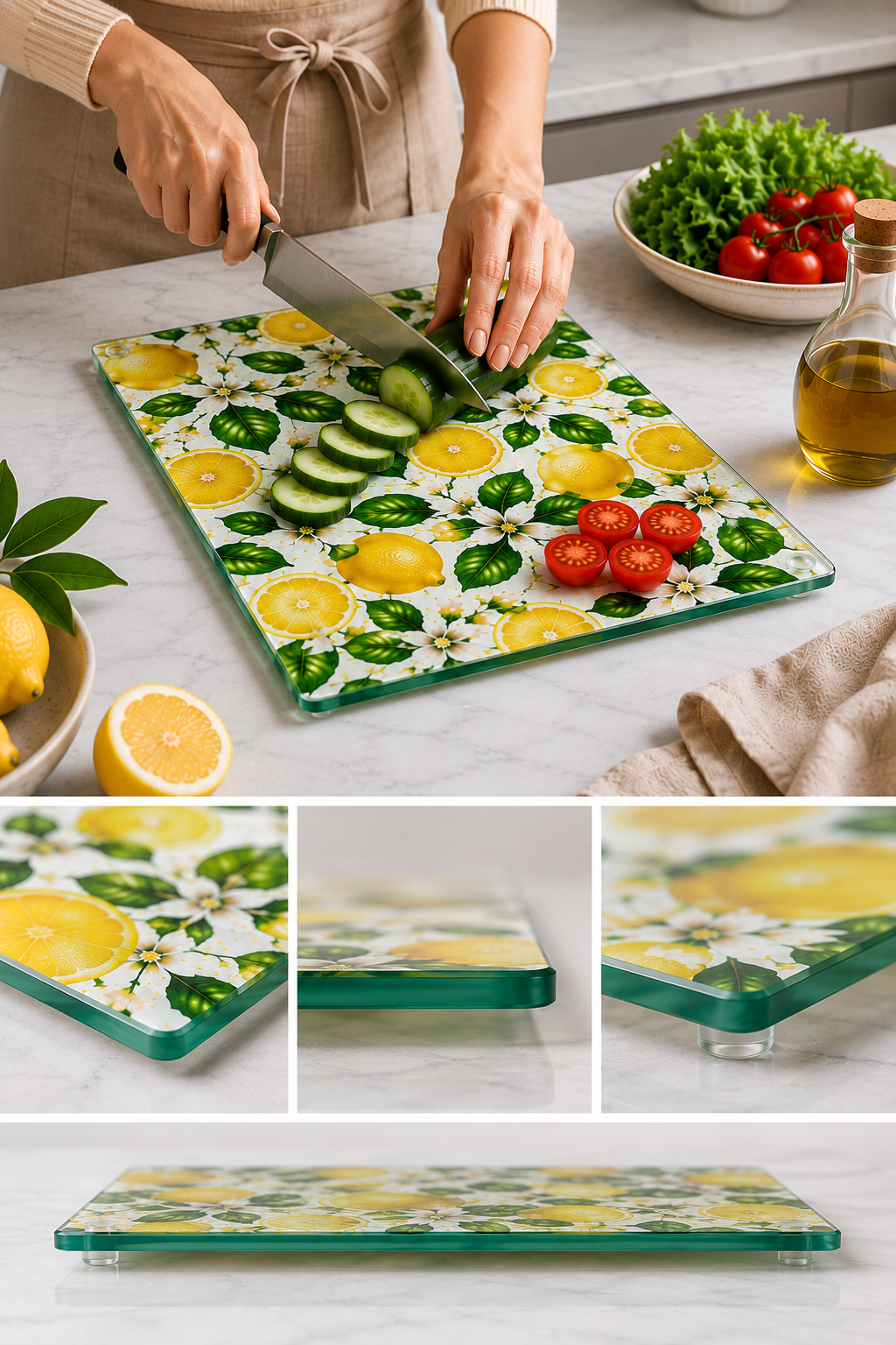 Cam Kesme Tahtası - Cam Kesme Tablası | Limon Çiçeği Desenli | 30cm x 40cm
