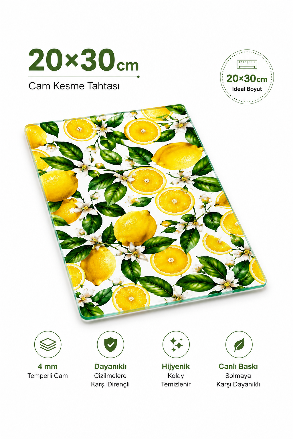 Cam Kesme Tahtası - Cam Kesme Tablası | Limon Çiçeği Desenli | 20cm x 30cm