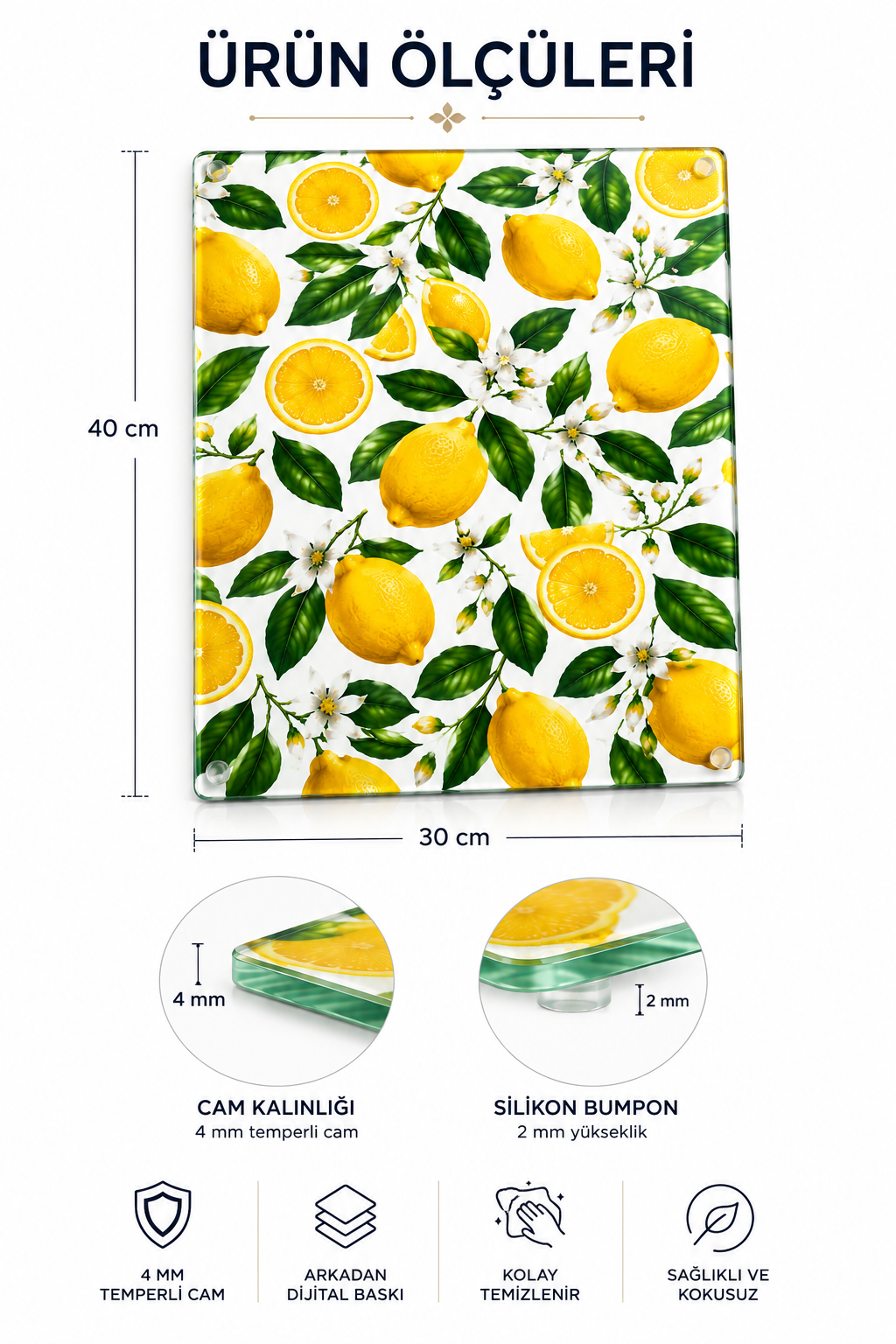 Cam Kesme Tahtası - Cam Kesme Tablası | Limon Çiçeği Desenli | 30cm x 40cm