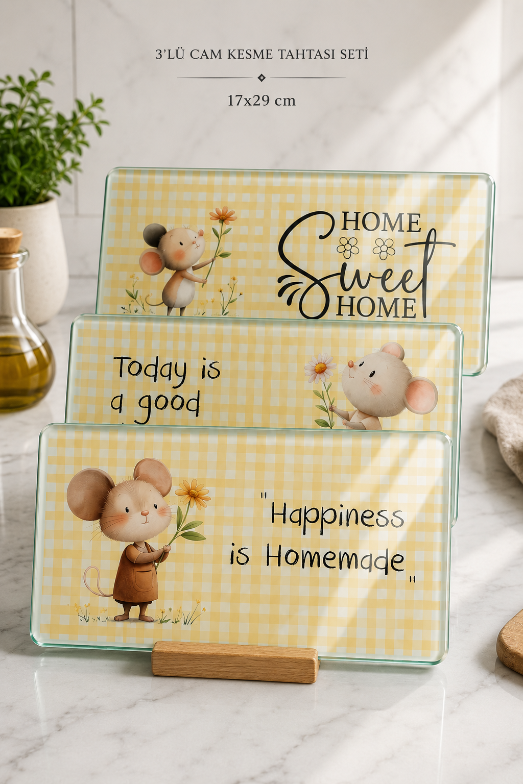 3'lü Cam Kesme Tahtası | Home Sweet Home | 17cm x 29cm