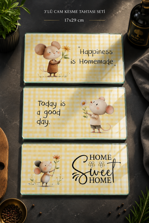 3'lü Cam Kesme Tahtası | Home Sweet Home | 17cm x 29cm