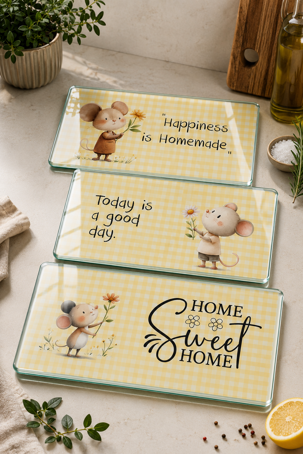 3'lü Cam Kesme Tahtası | Home Sweet Home | 17cm x 29cm