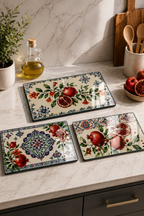 3'lü Cam Kesme Tahtası | Bereketin İzleri Nar Çiçeği | 17cm x 29cm