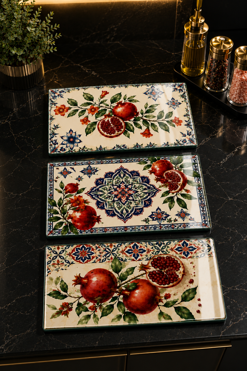 3'lü Cam Kesme Tahtası | Bereketin İzleri Nar Çiçeği | 17cm x 29cm
