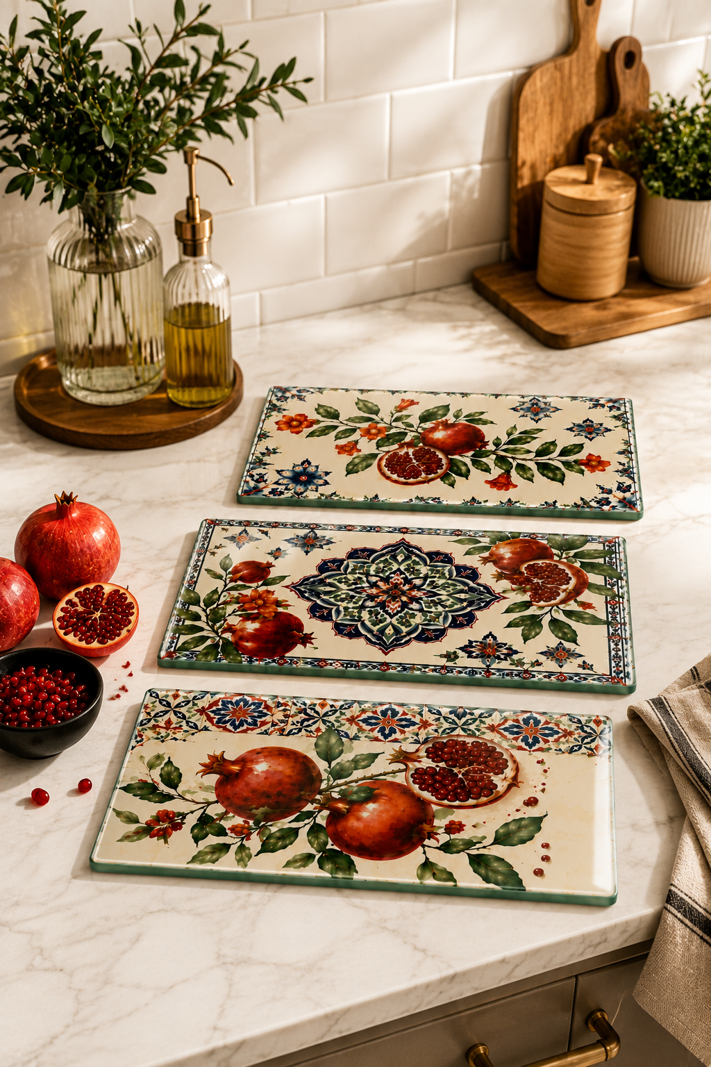 3'lü Cam Kesme Tahtası | Bereketin İzleri Nar Çiçeği | 17cm x 29cm