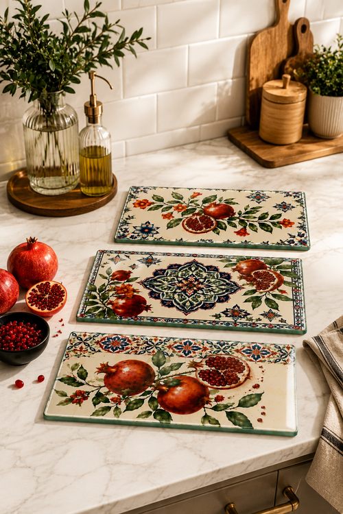3'lü Cam Kesme Tahtası | Bereketin İzleri Nar Çiçeği | 17cm x 29cm