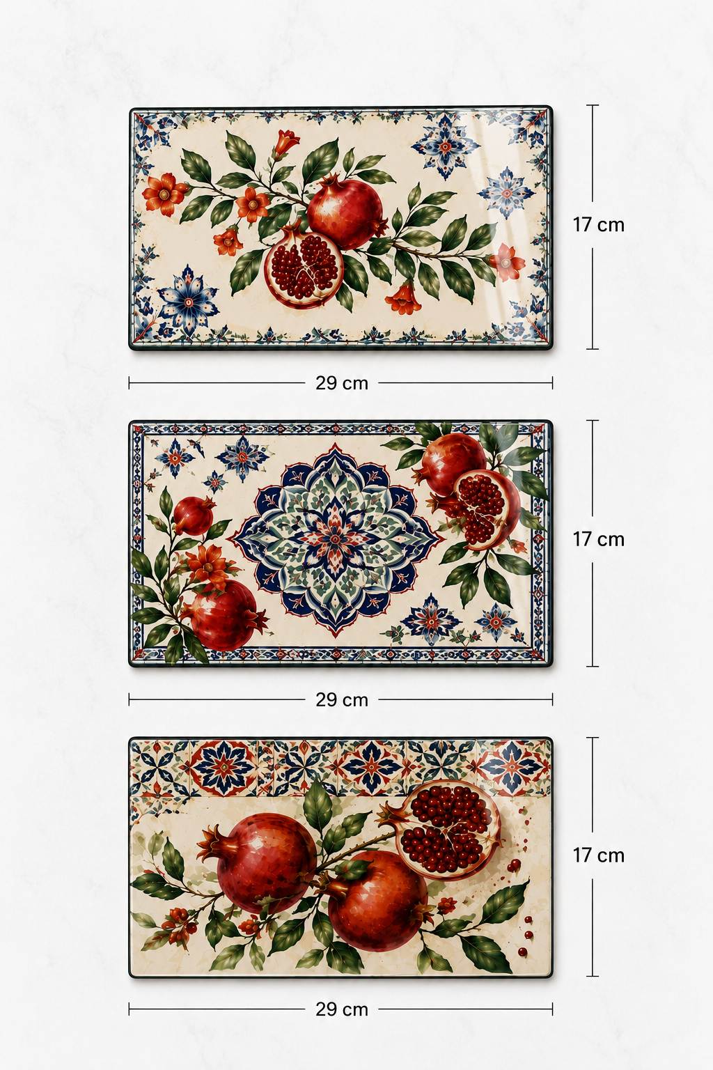 3'lü Cam Kesme Tahtası | Bereketin İzleri Nar Çiçeği | 17cm x 29cm